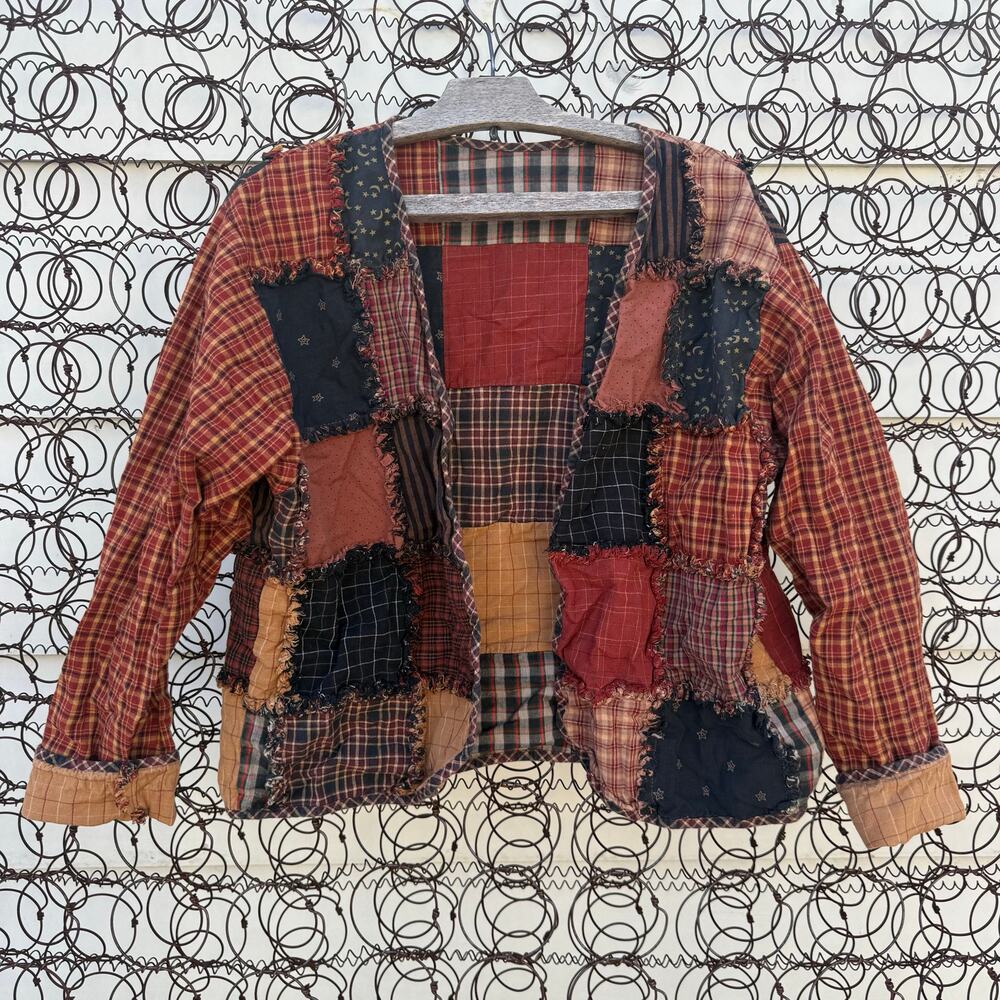 Vintage Patchwork Plaid Fringe Boho Scarecrow Fall Open Front Blazer Jacket READ